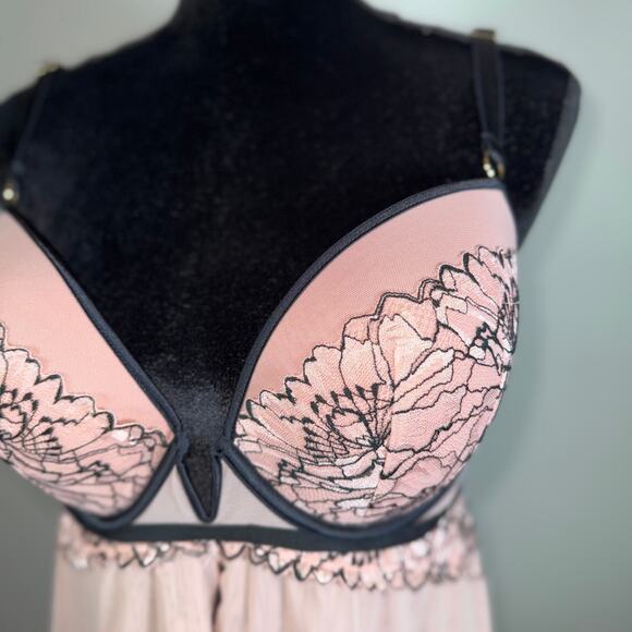 Auden Large Rose Push Up Babydoll Lingerie Coquette Pink Black Lace Underwire - Picture 8 of 14